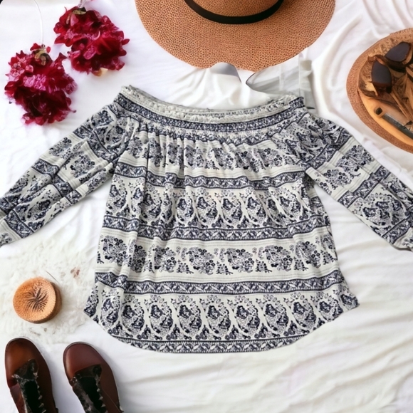 NWT Melloday women’s white and blue off shoulder half sleeve boho top - Picture 7 of 11
